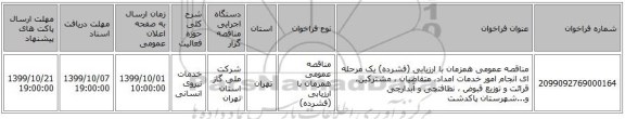 مناقصه عمومی همزمان با ارزیابی (فشرده) یک مرحله ای انجام امور خدمات امداد، متقاضیان ، مشترکین، قرائت و توزیع قبوض ، نظافتچی و آبدارچی و...شهرستان پاکدشت