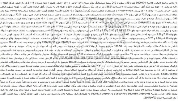 آگهی مزایده تعداد 145 سهم از 240 سهم ششدانگ پلاک شماره ۱۵۴ فرعی از ۱۵۶۲ 