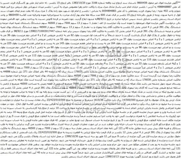 آگهی مزایده سهم از 13 سهم 7000 سهم از 46500 سهم ششدانگ باستثنای ثمنیه اعیان عرصه و ششدانگ پلاک 391 فرعی