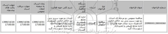 مناقصه عمومی دو مرحله ای احداث دو مورد سرریز بتنی بند خاکی اراضی کشاورزی سید نیازی حوزه ماسان اداره منابع طبیعی و آبخیزداری شهرستان گنبد