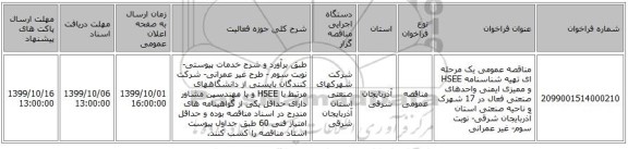 مناقصه عمومی یک مرحله ای تهیه شناسنامه HSEE و ممیزی ایمنی واحدهای صنعتی فعال در 17 شهرک و ناحیه صنعتی استان آذربایجان شرقی- نوبت سوم- غیر عمرانی