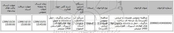 مناقصه عمومی همزمان با ارزیابی (فشرده) یک مرحله ای ساخت بارگیری ، حمل و باراندازی و تحویل لوله های فولادی اسپیرال ، قطراسمی 1400 میلیمتر