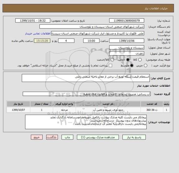 استعلام استعلام قیمت شبکه توزیع آب برخی از معابر ناحیه صنعتی زابلی