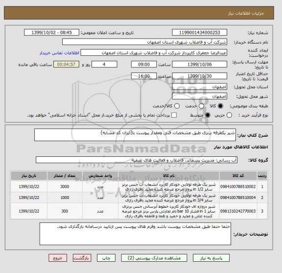 استعلام شیر یکطرفه برنزی طبق مشخصات فنی ومقدار پیوست با(ایران کد مشابه)