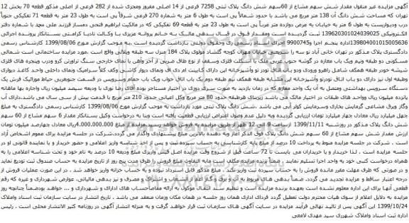 آگهی مزایده شش سهم مشاع از 60سهم شش دانگ پلاک ثبتی 7258 فرعی از 14 اصلی