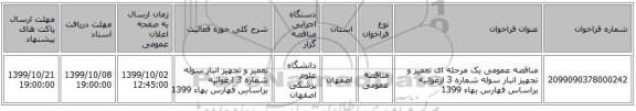 مناقصه عمومی یک مرحله ای تعمیر و تجهیز انبار سوله شماره 3 ارغوانیه  براساس فهارس بهاء 1399