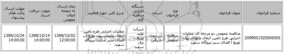 مناقصه عمومی دو مرحله ای عملیات اجرایی طرح تامین اتتقال واتوماسیون توزیع آّ فضای سبز نیروگاه سهند