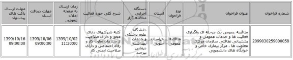 مناقصه عمومی یک مرحله ای واگذاری فعالیت ها و خدمات عمومی و پشتیبانی نظافتی سازمان مرکزی ، معاونت ها ، مرکز بیماری خاص و خوابگاه های دانشجویی  