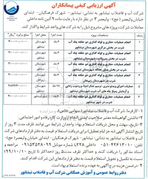 ارزیابی کیفی انجام عملیات حفاری و لوله گذاری دو حلقه چاه آب شرب و...
