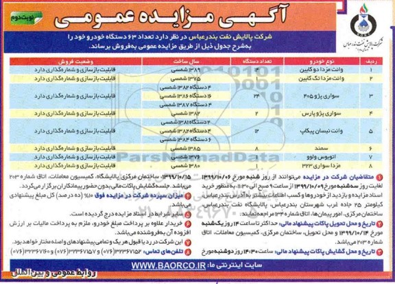 مزایده ، مزایده تعداد 63 دستگاه خودرو - نوبت دوم