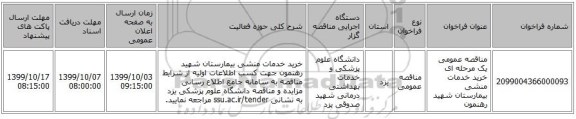 مناقصه عمومی یک مرحله ای خرید خدمات منشی بیمارستان شهید رهنمون