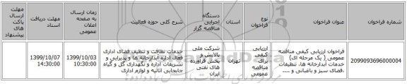 فراخوان ارزیابی کیفی مناقصه عمومی ( یک مرحله ای) خدمات آبدارخانه ها، تنظیفات ،فضای سبز و باغبانی و ....