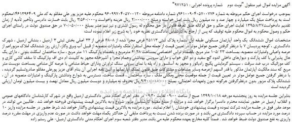 مزایده ششدانگ یک واحد آپارتمان مسکونی 