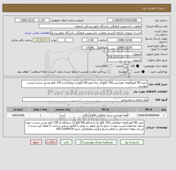 استعلام خرید 80 کیلو آلوچه خورشتی،150 کیلو آرد سه صفر،60 کیلو آرد سوخاری و 150 کیلو عدس درشت لیست پیوست