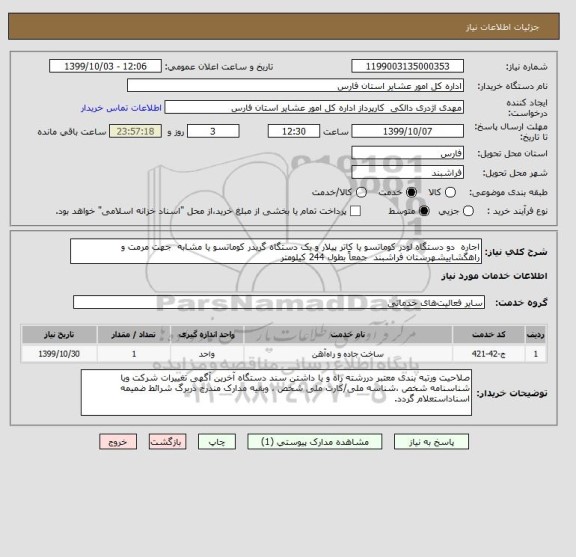 استعلام اجاره  دو دستگاه لودر کوماتسو یا کاتر پیلار و یک دستگاه گریدر کوماتسو یا مشابه  جهت مرمت و راهگشاییشهرستان فراشبند  جمعاً بطول 244 کیلومتر 