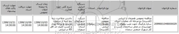 مناقصه عمومی همزمان با ارزیابی (فشرده) دو مرحله ای عملیات اجرای سازه پارکینگ جهت نصب پنلهای خورشیدی  در محل ساختمان کسب و کار شهرک صنعتی سمنان