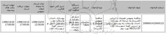 مناقصه عمومی همزمان با ارزیابی (فشرده) یک مرحله ای بهسازی ،احداث وآسفالت راه روستایی سینی نو –سینی کهنه شهرستان کلات 99/31/157 نوبت دوم