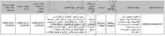 مناقصه عمومی یک مرحله ای برون سپاری فعالیتهای بهره برداری و نگهداری از تاسیسات آب شرب و خدمات مشترکین  شهرستان خلیل آباد 