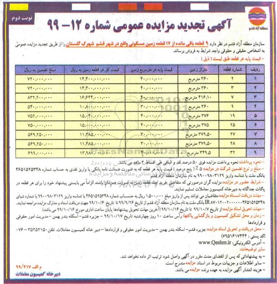مزایده،مزایده فروش 9 قطعه باقی مانده از 17 قطعه زمین مسکونی نوبت دوم