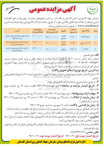 مزایده،مزایده فروش دو فقره از املاک مازاد تجاری و مسکونی نوبت اول 
