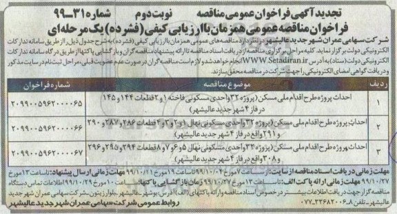 تجدید مناقصه ، تجدید مناقصه احداث پروژه طرح اقدام ملی مسکن ...- نوبت دوم 