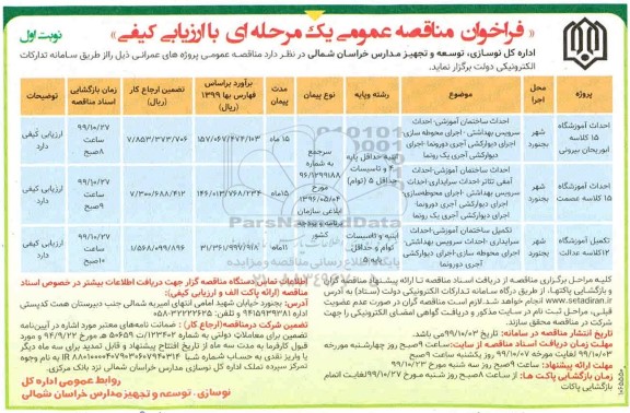 فراخوان مناقصه احداث آموزشگاه 15 کلاسه ....