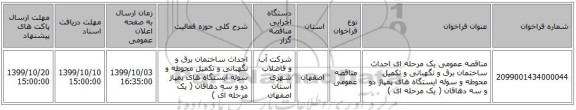 مناقصه عمومی یک مرحله ای احداث ساختمان برق و نگهبانی و تکمیل محوطه و سوله ایستگاه های پمپاژ دو و سه دهاقان ( یک مرحله ای )