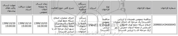 مناقصه عمومی همزمان با ارزیابی (فشرده) یک مرحله ای اجرای عملیات اصلاح شبکه جمع آوری فاضلاب قسمتی از محله اندوان خمینی شهر (یک مرحله ای با ارزیابی فشرده)