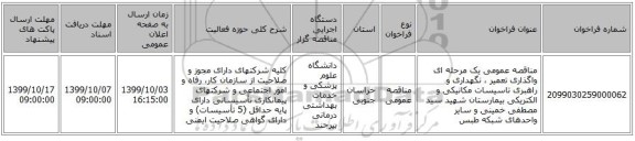 مناقصه عمومی یک مرحله ای واگذاری‌ تعمیر ، نگهداری‌ و راهبری‌ تاسیسات‌ مکانیکی‌ و الکتریکی‌ بیمارستان شهید سید مصطفی خمینی و سایر واحدهای شبکه طبس