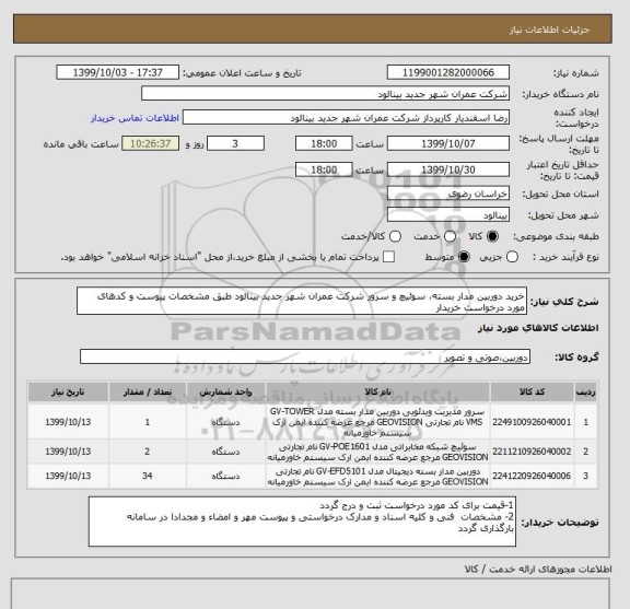 استعلام خرید دوربین مدار بسته، سوئیچ و سرور شرکت عمران شهر جدید بینالود طبق مشخصات پیوست و کدهای مورد درخواست خریدار