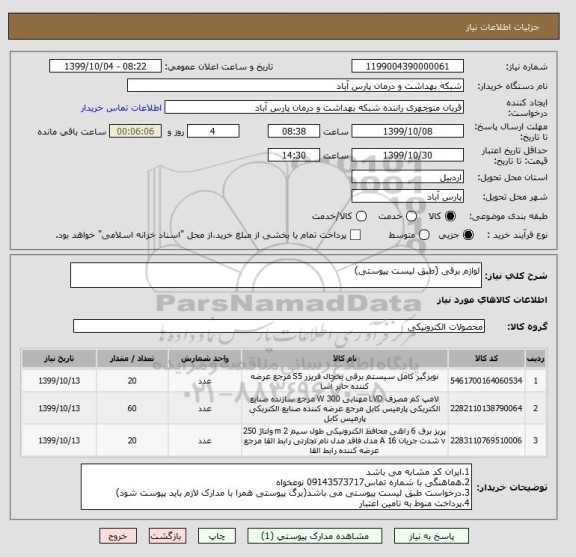 استعلام لوازم برقی (طبق لیست پیوستی)