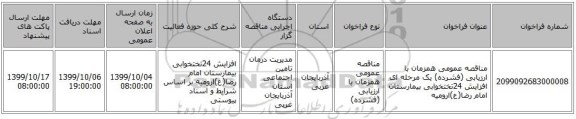 مناقصه عمومی همزمان با ارزیابی (فشرده) یک مرحله ای افزایش 24تختخوابی بیمارستان امام رضا(ع)ارومیه