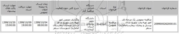 مناقصه عمومی یک مرحله ای امور تهیه،پخت وتوزیع غذای پرسنل و بیماران بیمارستامام(ره) سنقر