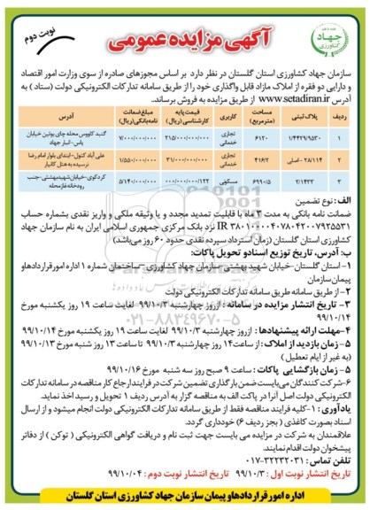 مزایده،مزایده فروش دو فقره از املاک مازاد تجاری و مسکونی نوبت دوم 