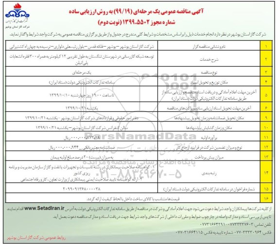 مناقصه، مناقصه توسعه شبکه گازرسانی- نوبت دوم 