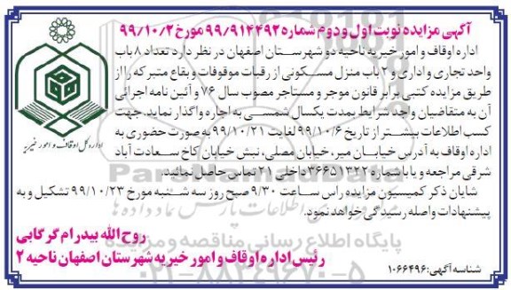 مزایده تعداد 8 باب واحد تجاری و اداری ...