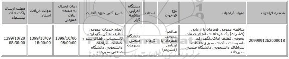 مناقصه عمومی همزمان با ارزیابی (فشرده) یک مرحله ای انجام خدمات عمومی تنظیف اماکن،نگهداری، تاسیسات ، فضای سبز و حفاظت سراهای دانشجویی دانشگاه صنعتی سیرجان