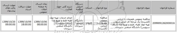مناقصه عمومی همزمان با ارزیابی (فشرده) یک مرحله ای انجام خدمات تهیه مواد اولیه، طبخ و توزیع غذا (سلف سرویس) دانشگاه صنعتی سیرجان