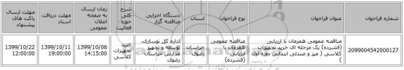 مناقصه عمومی همزمان با ارزیابی (فشرده) یک مرحله ای خرید تجهیزات کلاسی ( میز و صندلی ابتدایی دوره اول )