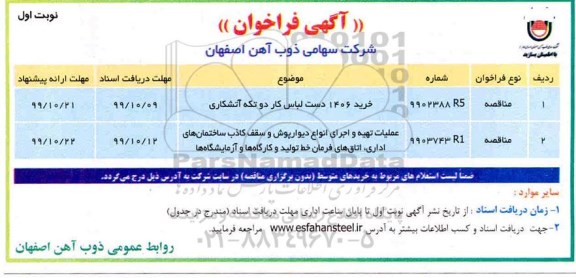 فراخوان, فراخوان خرید 1406 دست لباس کار دو تکه آتشکاری و ...