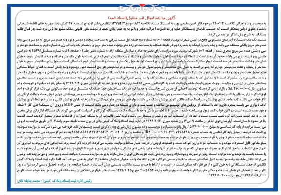 مزایده،مزایده ششدانگ یک دستگاه آپارتمان 
