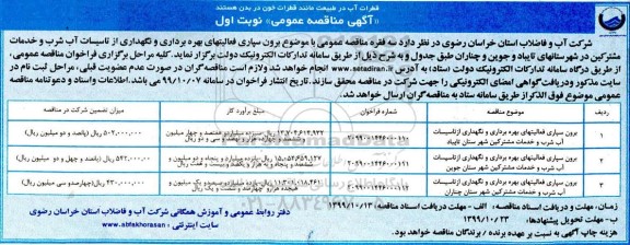 مناقصه ,مناقصه برون سپاری فعالیهای بهره برداری و نگهداری از تاسیسات آب شرب و خدمات مشترکین 