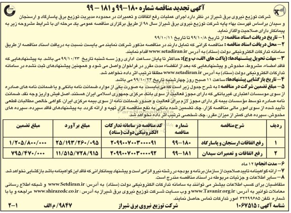 تجدید مناقصه، تجدید مناقصه اجرای عملیات رفع اتفاقات و تعمیرات در محدوده مدیریت توزیع برق