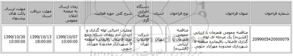 مناقصه عمومی همزمان با ارزیابی (فشرده) یک مرحله ای لوله گذاری فاضلاب باقیمانده منطقه 9 شهرداری محدوده مهرآباد جنوبی 