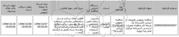 مناقصه عمومی همزمان با ارزیابی (فشرده) یک مرحله ای مناقصه تعمیرات اساسی آشپزخانه مرکزی امام رضا ارومیه 