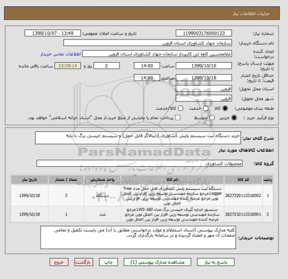 استعلام خرید دستگاه ثبت سیستم پایش کشاورزی (دیتالاگر قابل حمل) و سیستم خیسی برگ با پایه