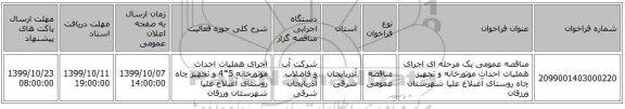 مناقصه عمومی یک مرحله ای اجرای هملیات احداث موتورخانه و تجهیز چاه روستای آغبلاغ علیا شهرستان ورزقان