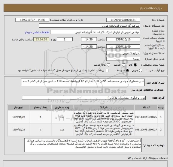 استعلام شیر سماوری جوشی دسته بلند کلاس 150 بقطر 8و 12 اینچ(طول دسته 110 سانتی متر) از هر کدام 1 عدد
