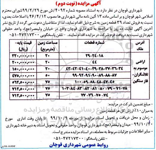 مزایده، مزایده فروش تعداد 39 قطعه زمین نوبت دوم