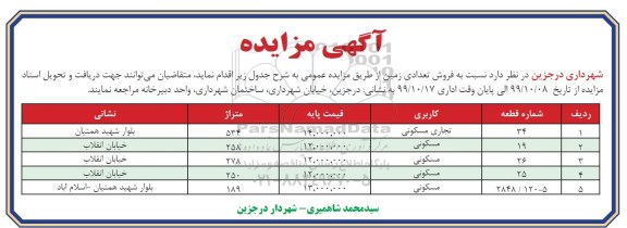 مزایده،مزایده فروش تعدادی زمین تجاری و مسکونی 